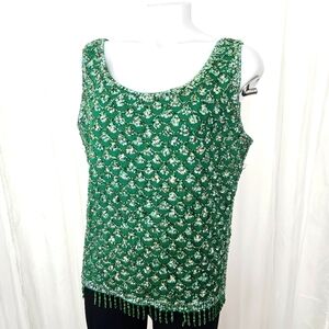 Vintage Cyn Les 100% wool green top sleeveless beaded sequin sweater festive